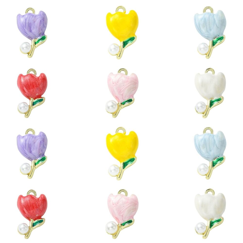 9495 18 pcs 6 Colors Tulip Enamel Charms with ABS Imitation Pearl Beads